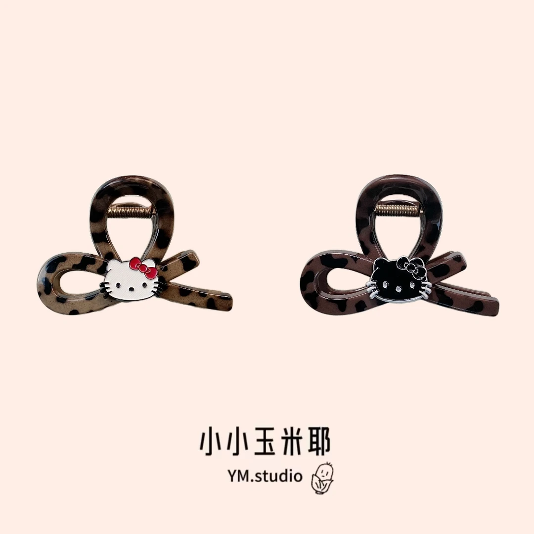 可爱蝴蝶结kitty抓夹高级感豹纹百搭鲨鱼夹高颜值后脑勺发抓发饰