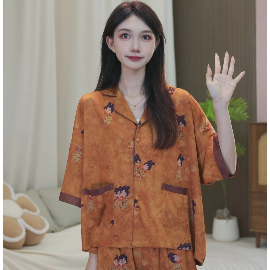 2024夏秋季女士休闲薄款暖橙色翻领印花睡衣女套装BWW