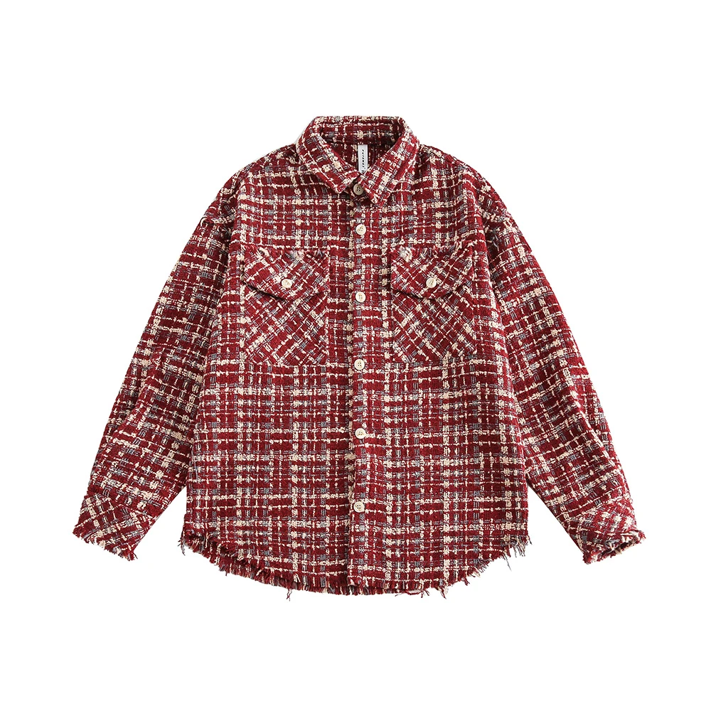 美式格子红色小香风长袖衬衫复古宽松时尚百搭潮牌衬衣外套1385