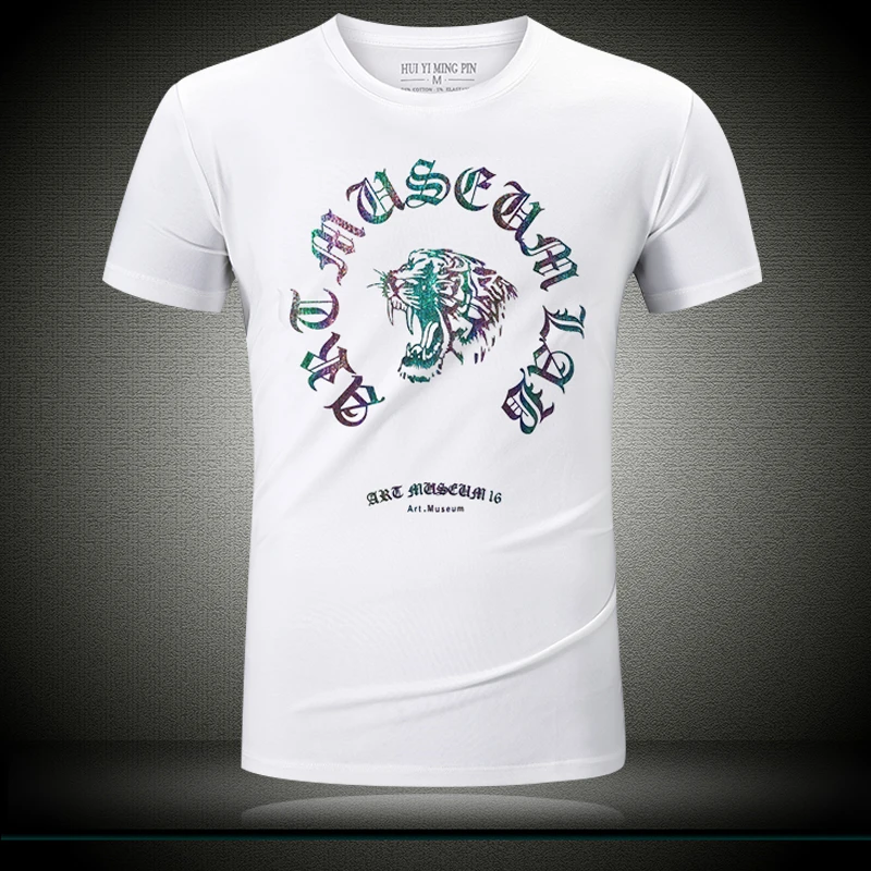 欧美新款老虎头夏季男士圆领短袖T恤衫 修身弹力半袖男装上衣服