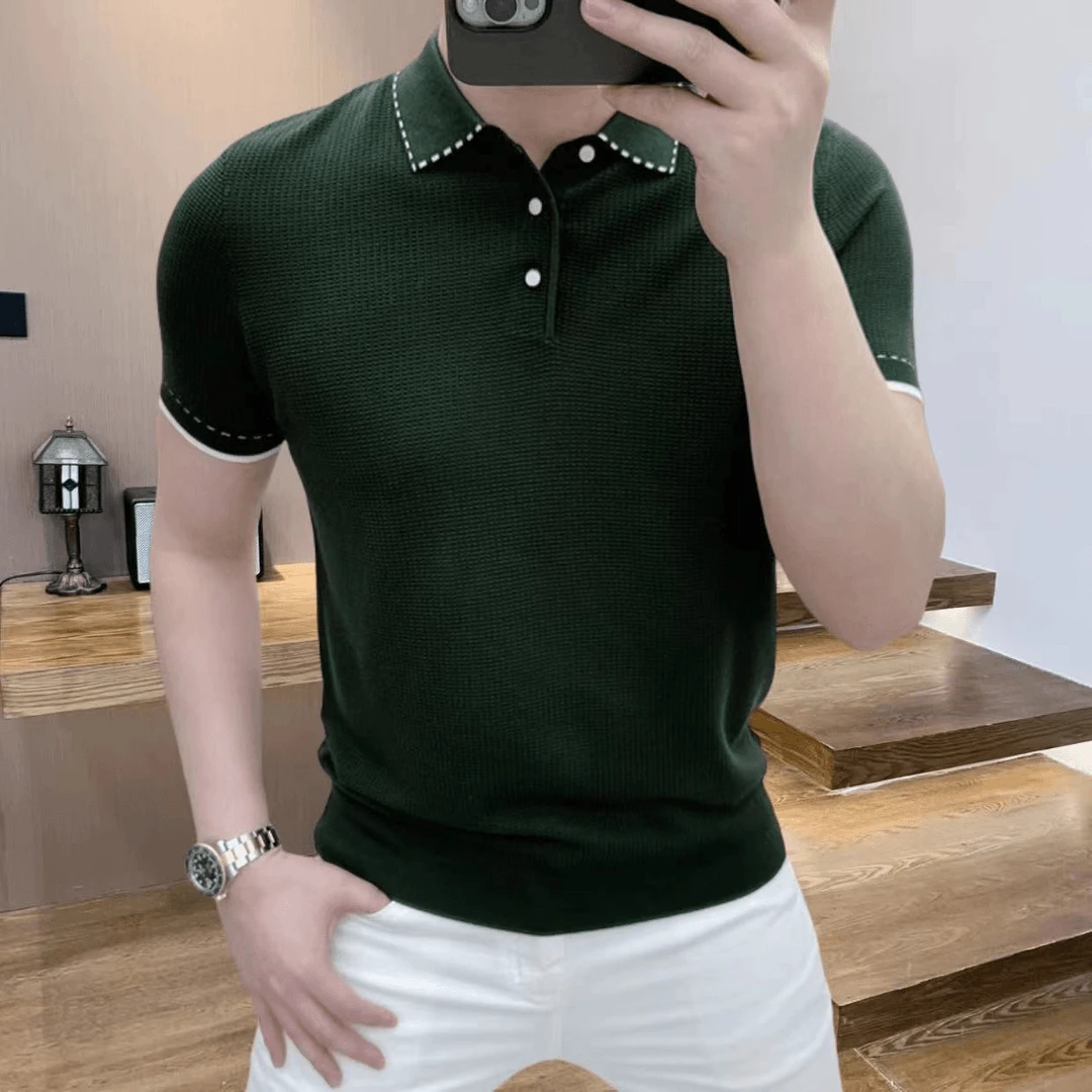 高档冰丝针织短袖T恤POLO衫男夏季轻奢薄款休闲半袖体恤品质男装