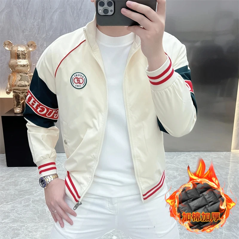 2024秋冬新款欧货时尚徽章刺绣立领夹克修身帅气短款网红外套男