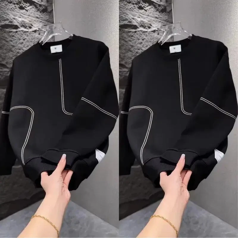 2024秋季新款潮流时尚百搭休闲上衣男士长袖简约明线圆领套头卫衣