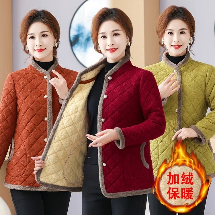 妈妈秋冬加绒大码时尚宽松中老年女装纽扣棉服棉衣