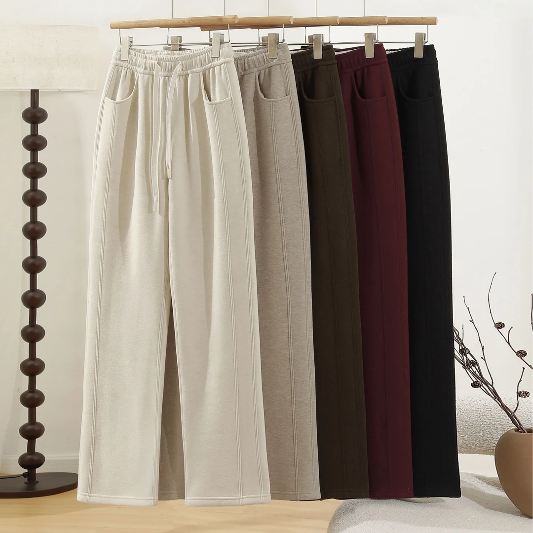 五只白鹅新款加绒加厚绵羊毛蚕丝裤阔腿女窄版垂感百搭休闲直筒裤