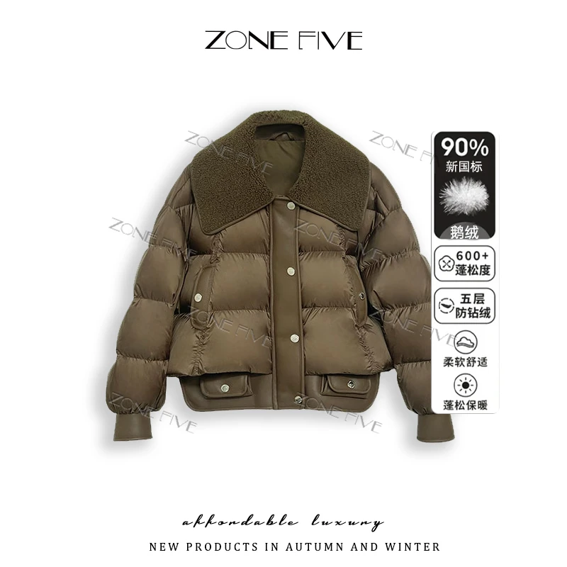 【zonefive】韩版冬季新款羽绒服女翻毛领短款加厚外套017