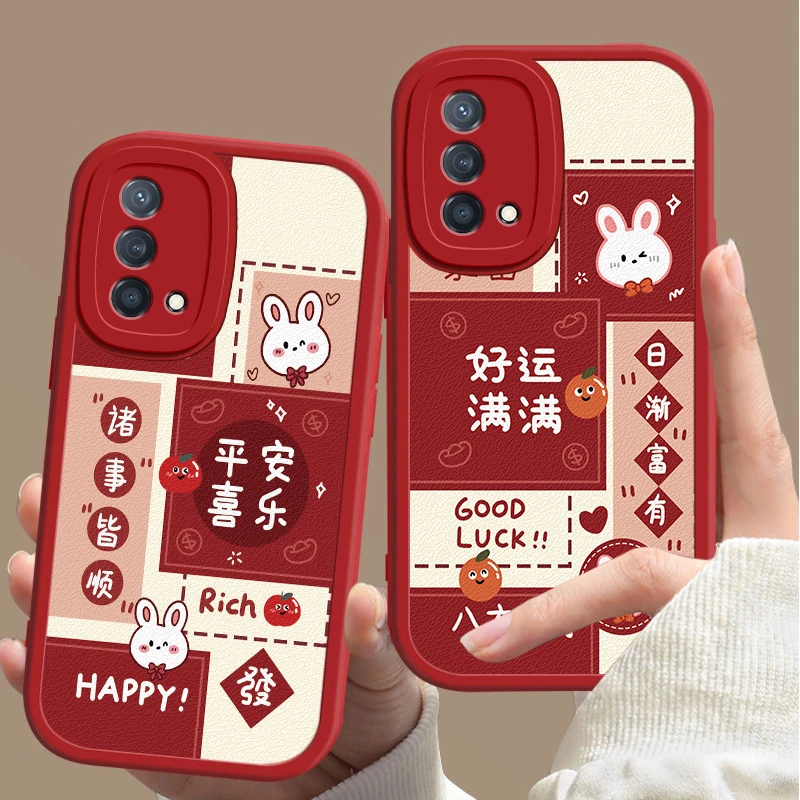 oppoK9手机壳兔子红色过年新款PEXM00网红发财挂坠皮质软壳潮牌女