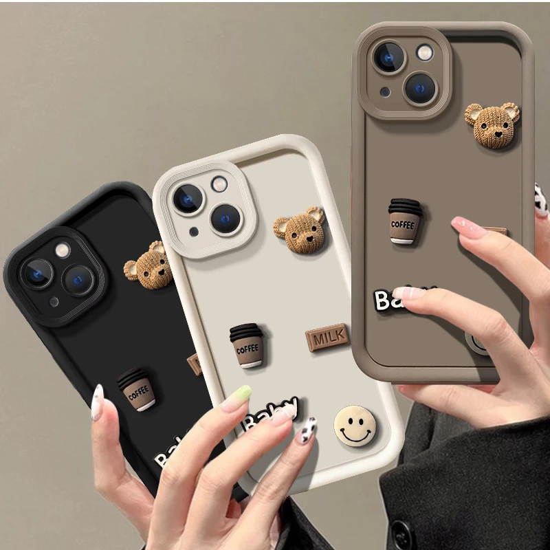 苹果14手机壳卡通立体小熊高级感iPhone网红新款肤感防摔硅胶软壳