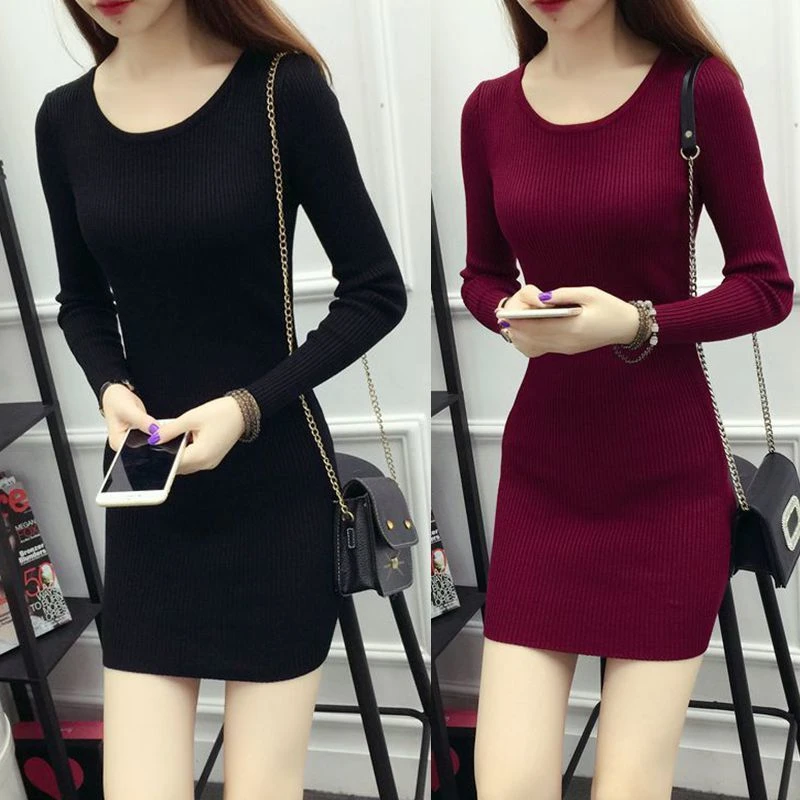 红色针织连衣裙包臀裙气质女秋冬新款韩版套头毛衣长袖圆领中长款