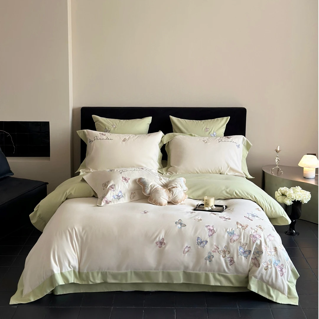 左柚家丨蝶语  全棉加厚小清新少女心刺绣磨毛四件套纯棉轻奢床品