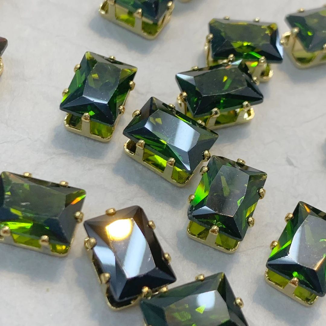左夕M367【10个金底橄榄绿10*14长方爪钻】铜镀金DIY配饰长方爪钻