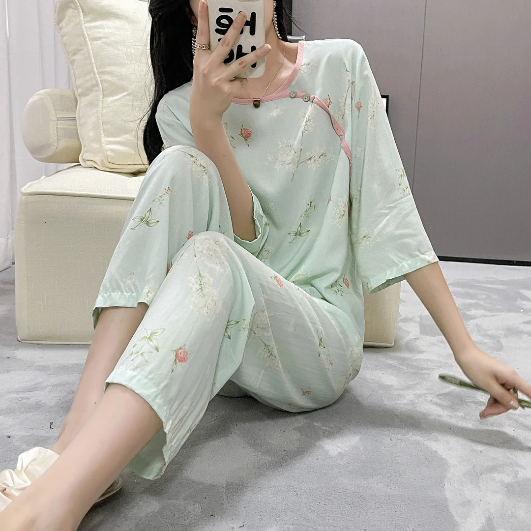新款棉绸女夏季新中式可外穿家居服国风花卉睡衣女套装大码