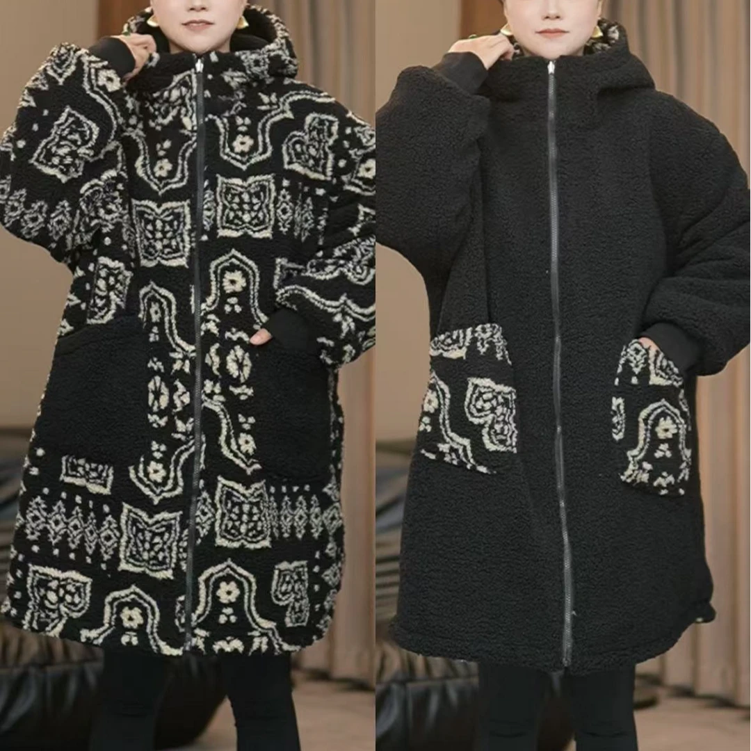 冬季新款两面双穿颗粒绒复古宽松连帽外套加厚保暖
