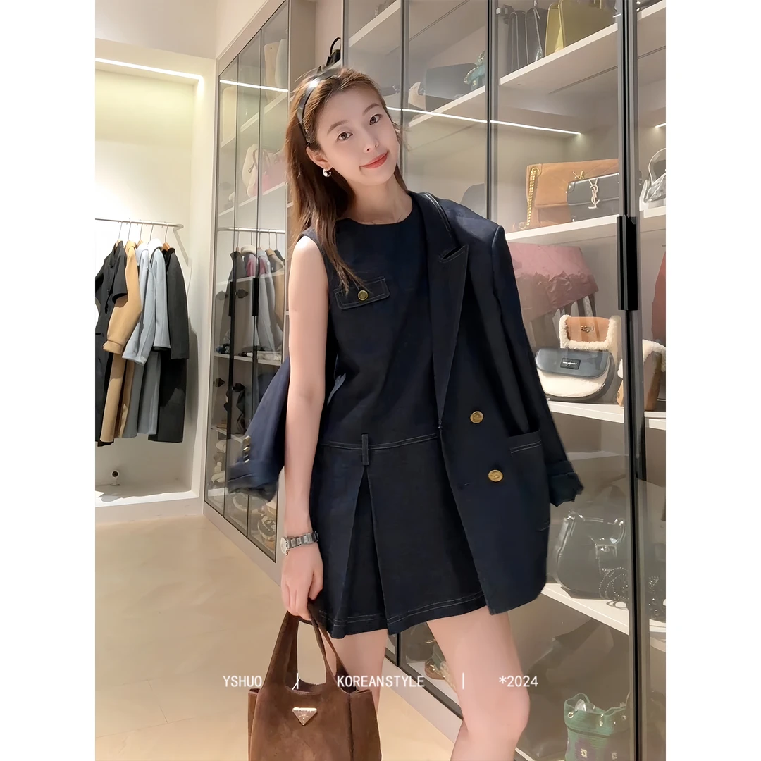 【蓝金秀场】miu系女孩精致洋气气质牛仔背心裙+西装外套 6213