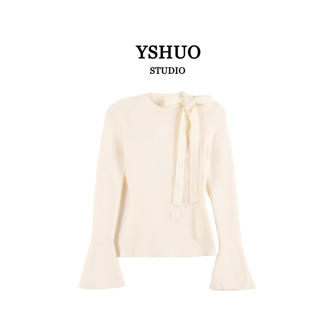 YSHUO【幸运蝴蝶】气质圆领套头蝴蝶结百搭修身微喇袖打底衫 24865