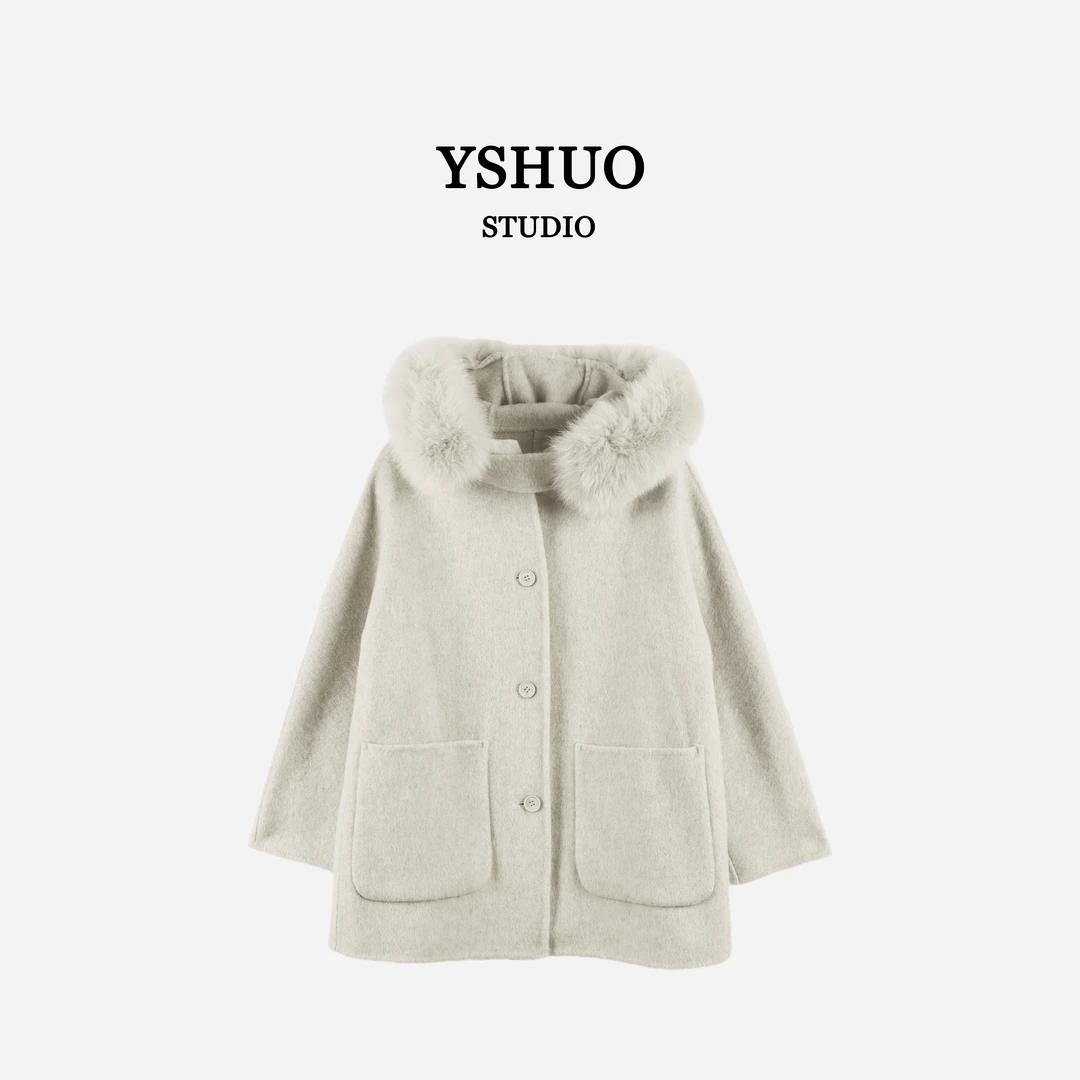 【冰岛恋语】 连帽真毛领双面呢大衣落肩领中长款外套33001