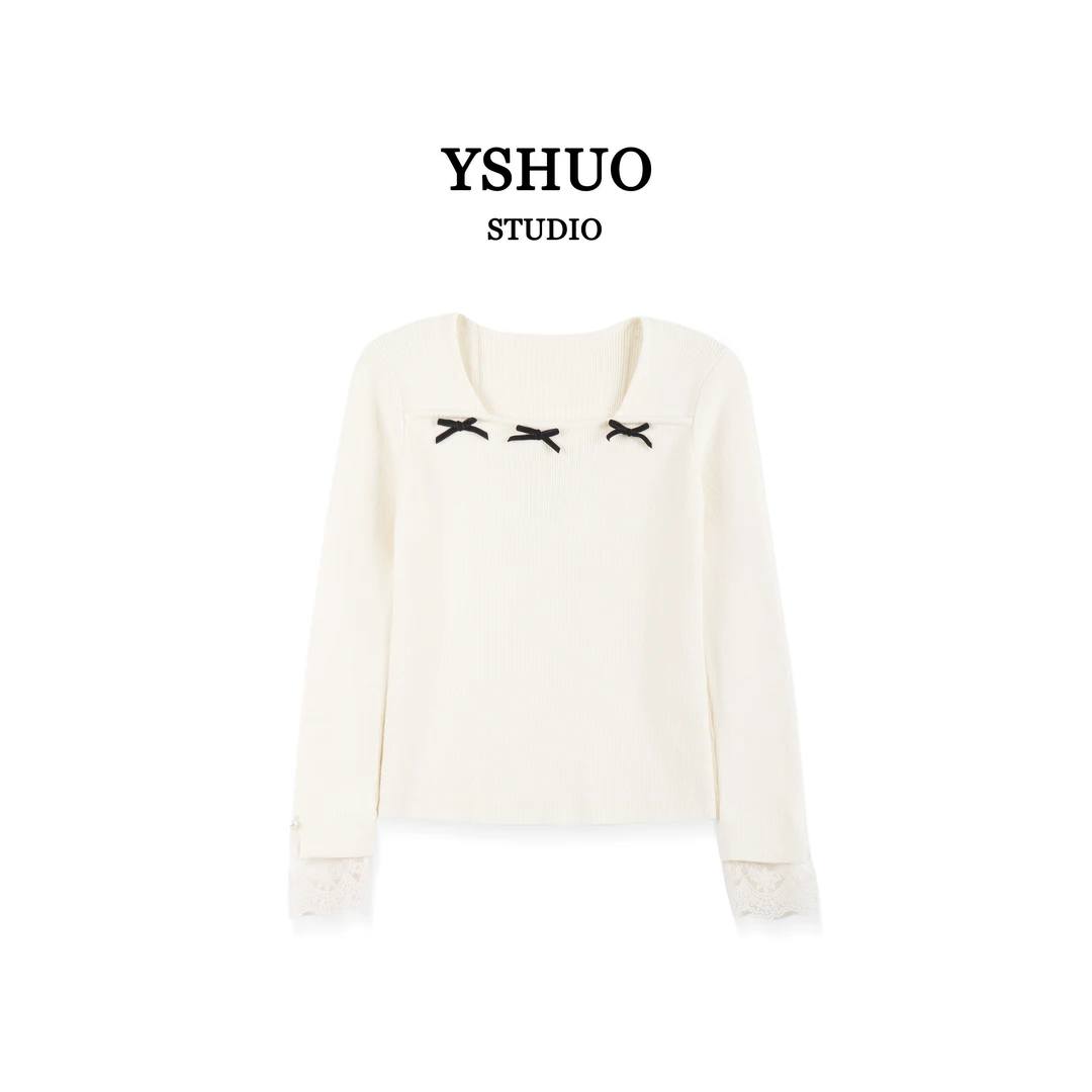 YSHUO【三只蝴蝶】蝴蝶结百搭蕾丝方领时尚套头毛衣 24870