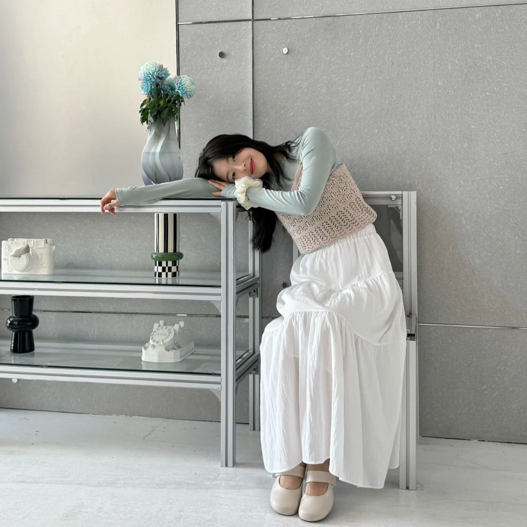 YSHUO【青山抚】薄款圆领T+马甲两件叠穿/白色半裙/组合套装8337