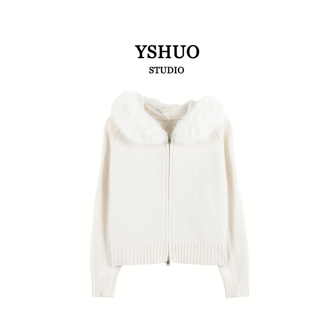 YSHUO【红红推荐】秋冬百搭时尚连帽毛毛双拉链宽松毛衣外套 24871