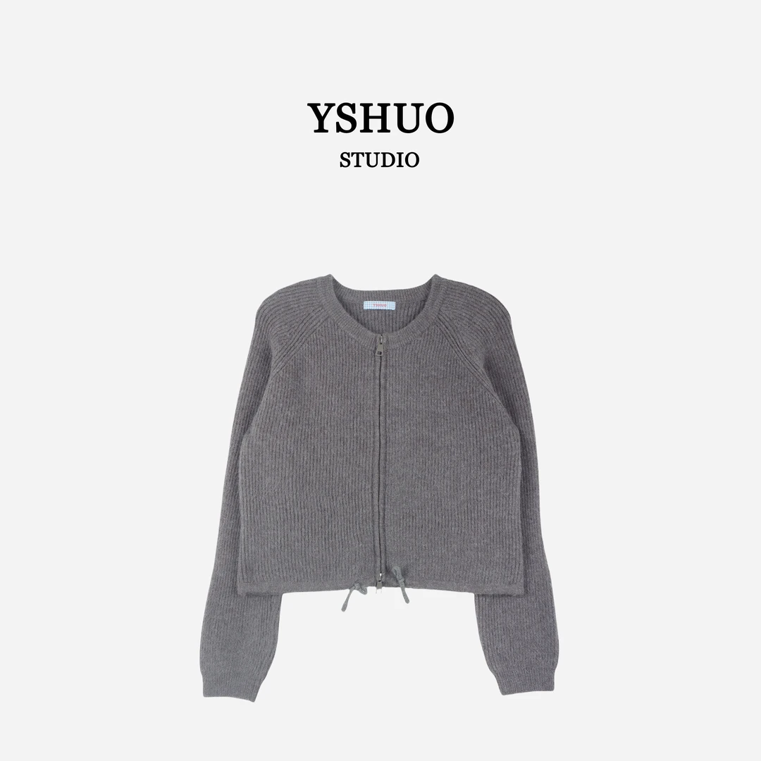 【柠檬奶贝】设计小众圆领抽绳双拉链宽松毛衣外套针织开衫24719