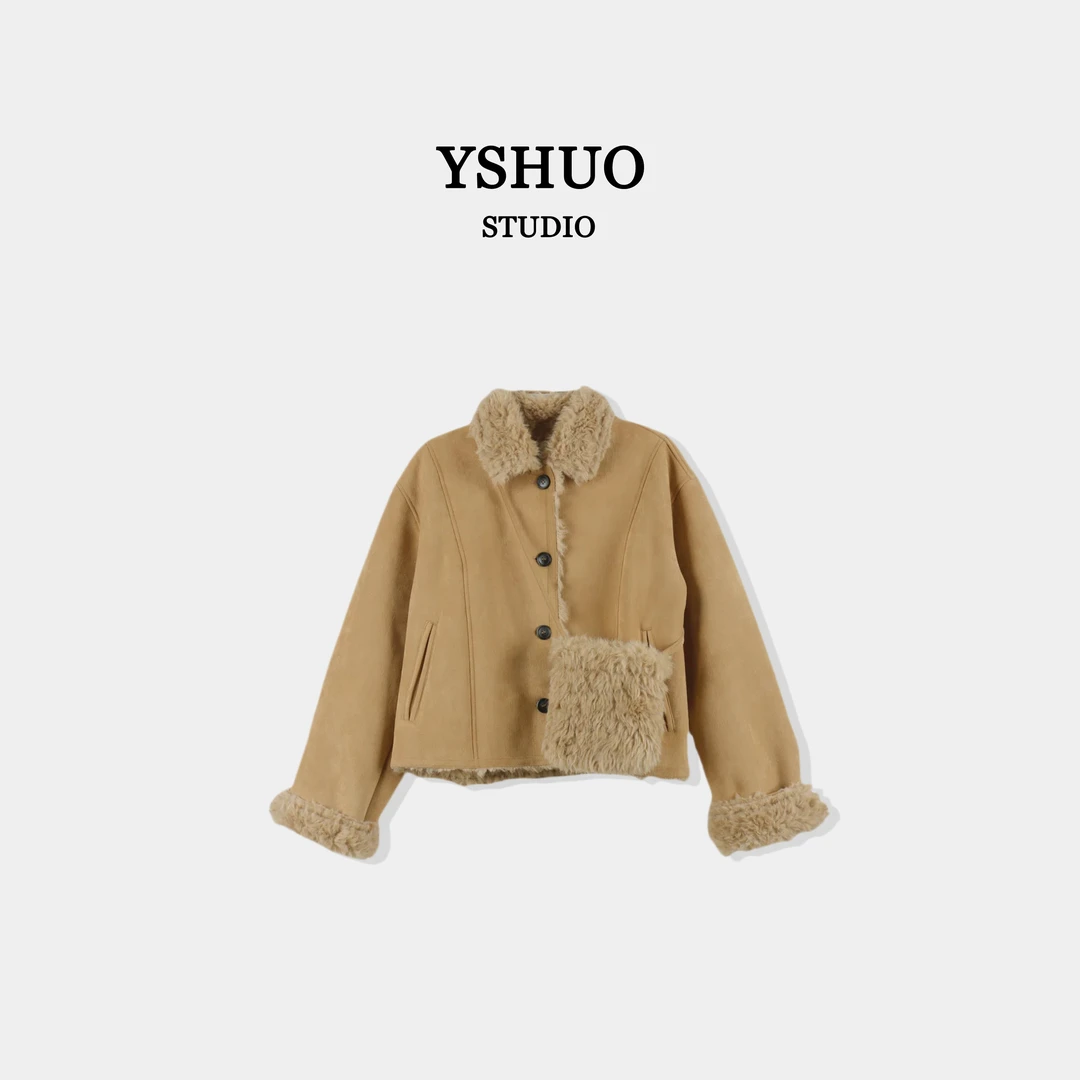 【银杏叶】红人上新 韩系复古内里毛外绒面加厚外套加包包套装 6636