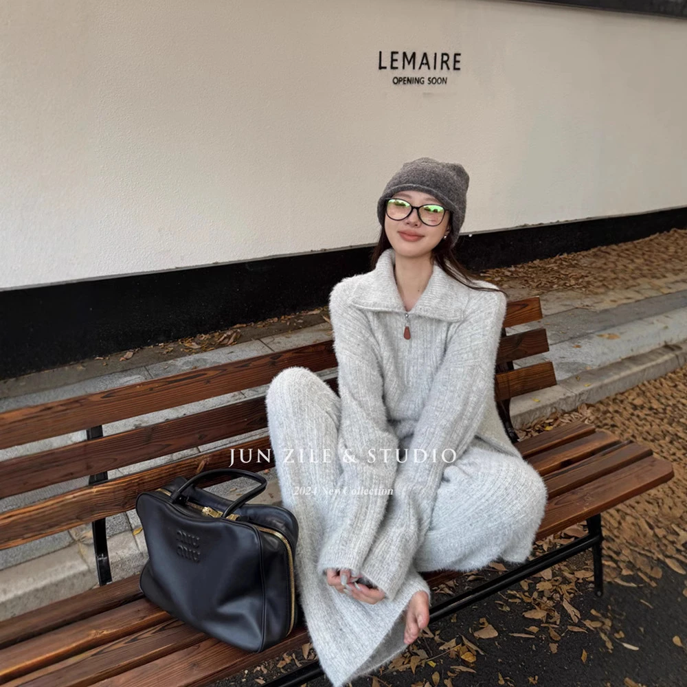 衣服女秋套装两件套高级感韩系慵懒风毛衣外套休闲针织阔腿裤长裤