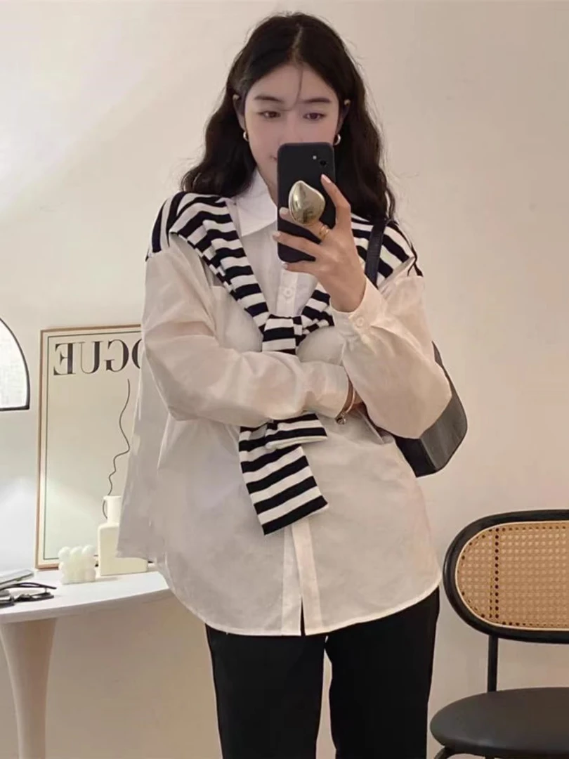 （兔哥女装）真两件条纹披肩长袖衬衫法式高级感宽松衬衣衣长54