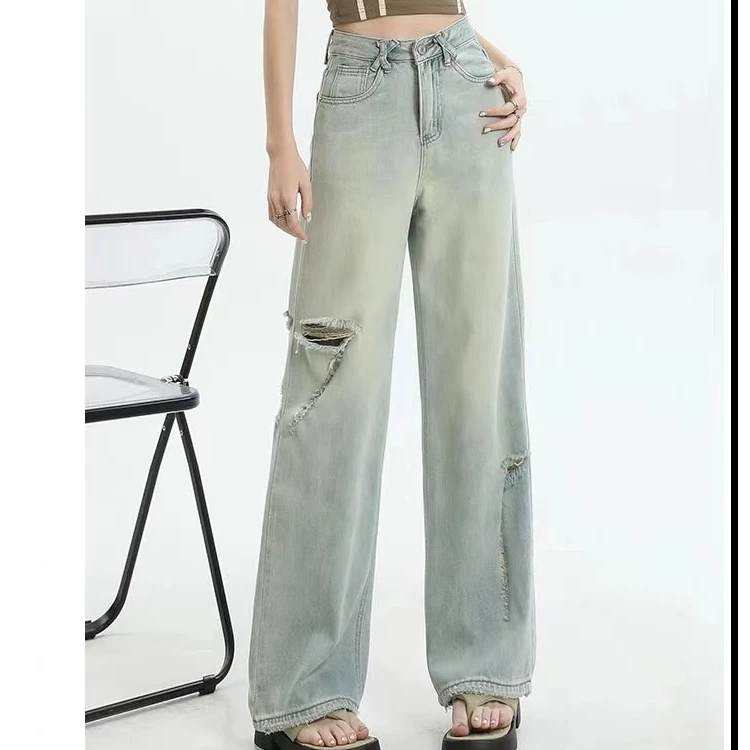 9805#高腰直筒复古春秋宽松破洞水洗牛仔裤