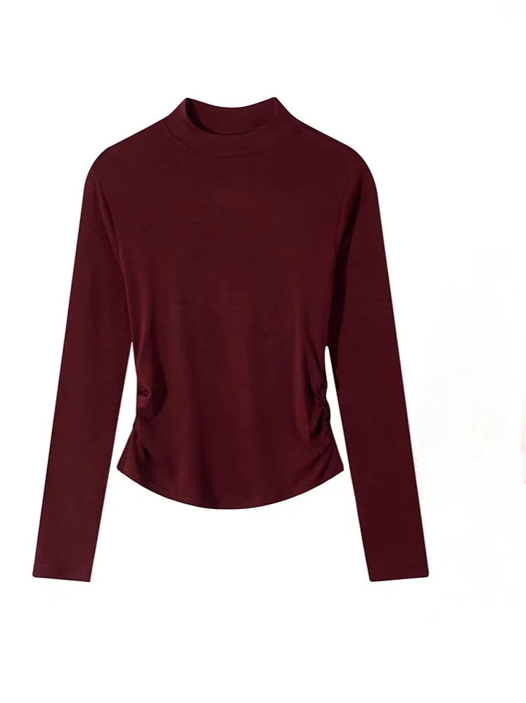 4195#简约纯色半高领长袖打底上衣女修身褶皱显瘦百搭内搭T恤
