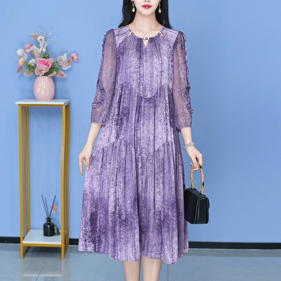 俞兆林秋季新款连衣裙中长款气质中式收腰印花修身女装连衣裙