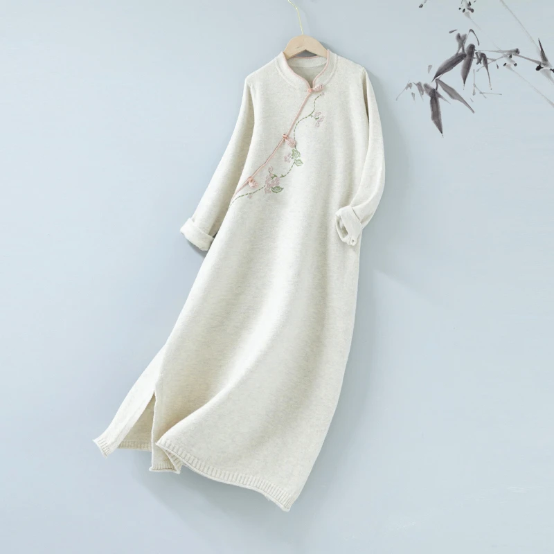 墨下初心【花语】原创精美刺绣高品质气质国风针织旗袍裙连衣裙