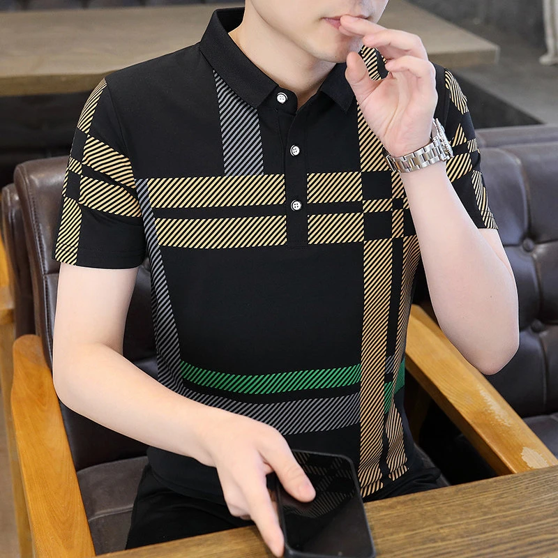 夏季新款男士短袖T恤时尚潮流百搭休闲翻领短袖POLO衫男修身半袖