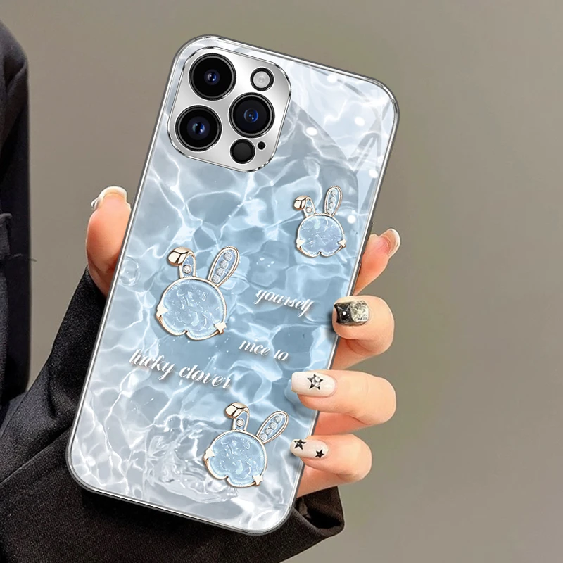 适用苹果16华为水波纹幸运兔手机壳16promax新款iPhone15高级感女