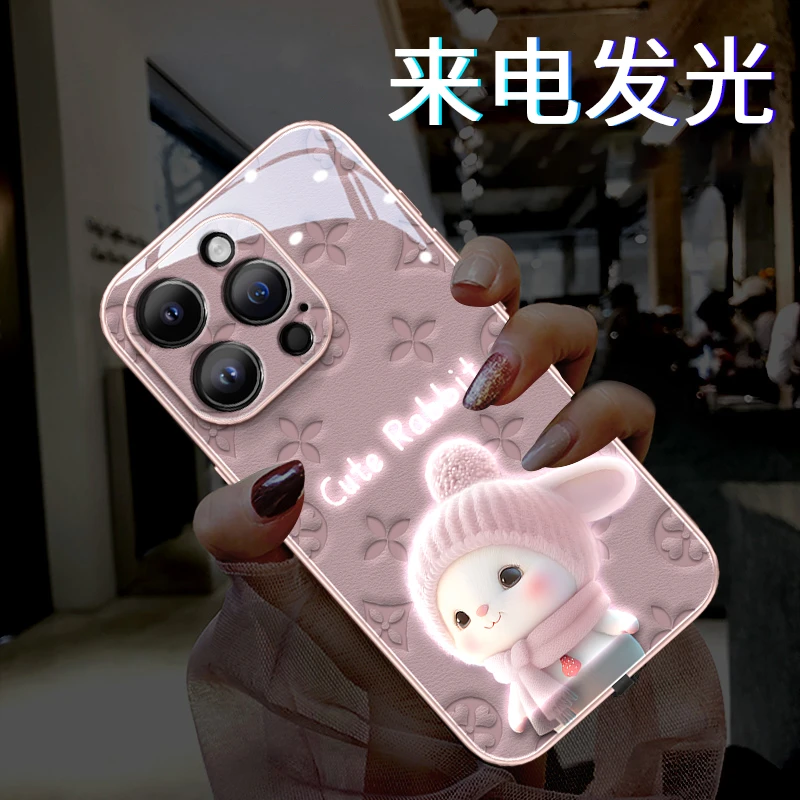 适用苹果16发光围巾小兔手机壳iphone16promax新款网红高级感红色