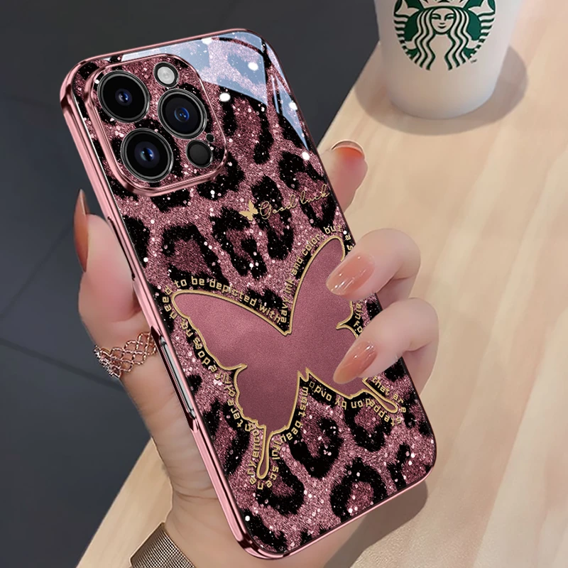 适用苹果17华为豹纹金边蝶手机壳16promax新款高级感网红奢华小众