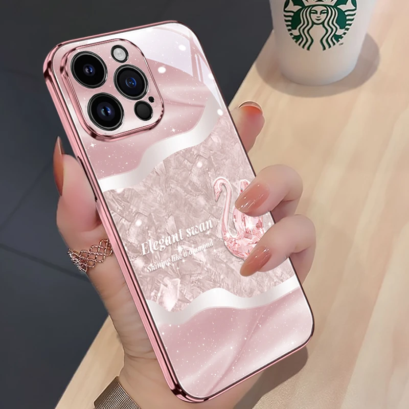适用苹果16华为香槟贝纹天鹅手机壳15promax奢华网红高级感新款女