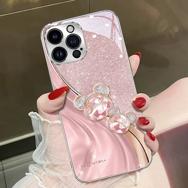 适用苹果16华为/oppo/vivo鎏金星际熊手机壳15promax奢华女高级感