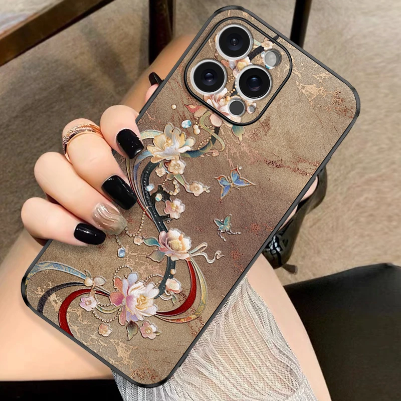 适用苹果17华为鎏金芙蓉蝴蝶手机壳iphone16promax国风新款复古女