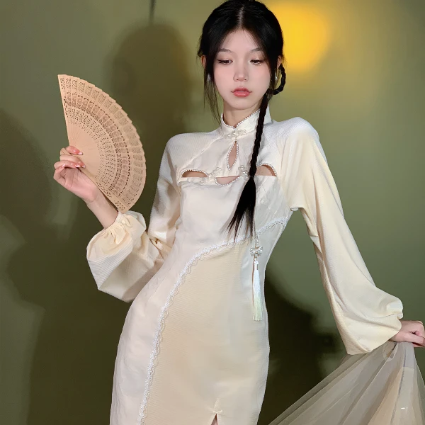 四斤自制Classic雪落山茶短 原创螺纹针织新中式灯笼袖改良旗袍裙