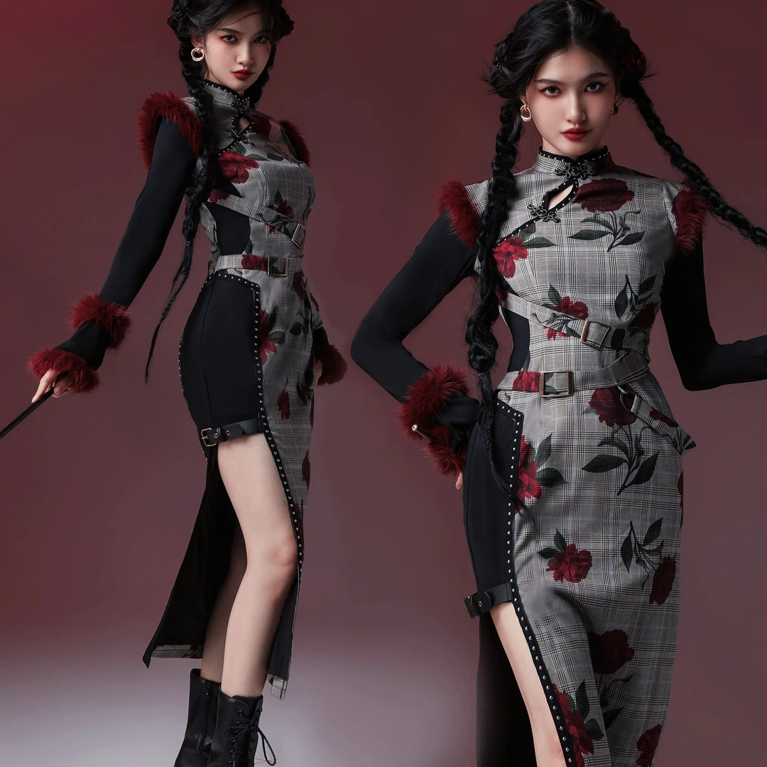 四斤自制 玫瑰与枪 酷飒格子铆钉高开衩辣妹风腰带假两件秋长旗袍