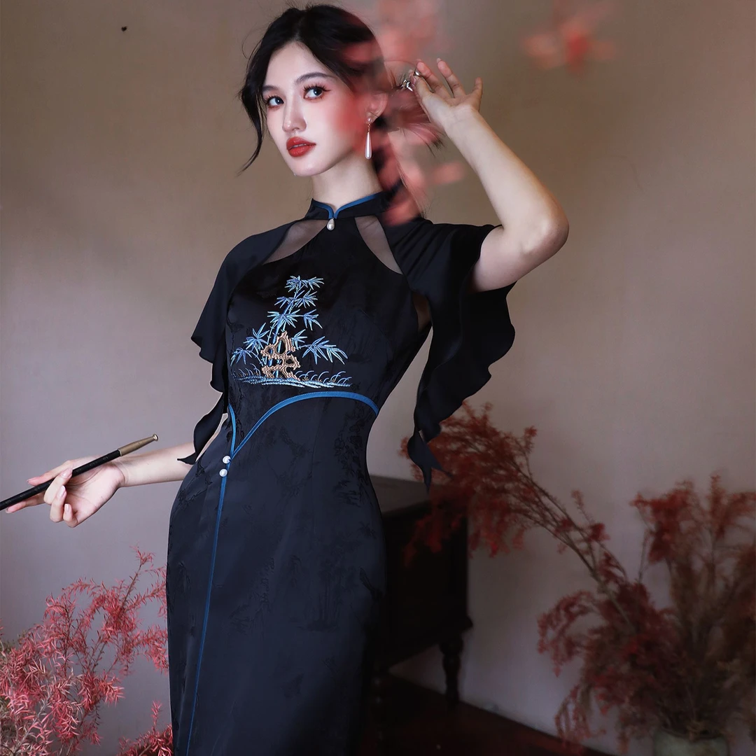 SIJINSTUDIO幽竹荷叶袖 原创新中式小众设计刺绣流苏改良黑旗袍