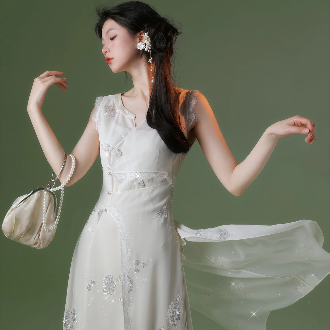 SIJINSTUDIO四斤自制 灵籁 原创新中式 白色立体刺绣 国风连衣裙