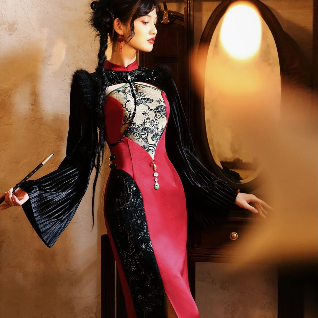 四斤自制 摄魂 原创设计蕾丝丝绒气质哥特红黑国风秋冬长袖旗袍裙
