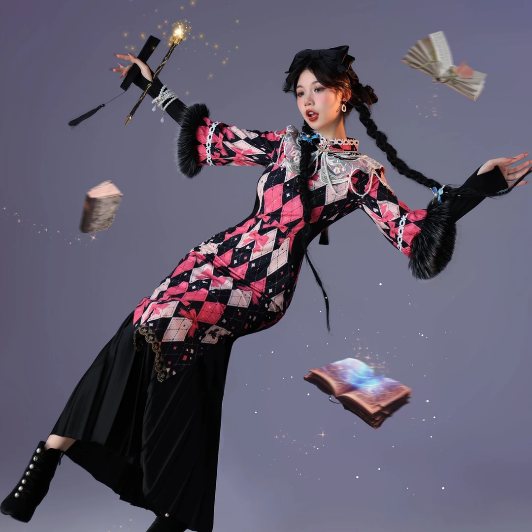 四斤自制 魔法甜心 汉洋折衷菱格蝴蝶结黑粉灯芯绒百褶裙旗袍长裙