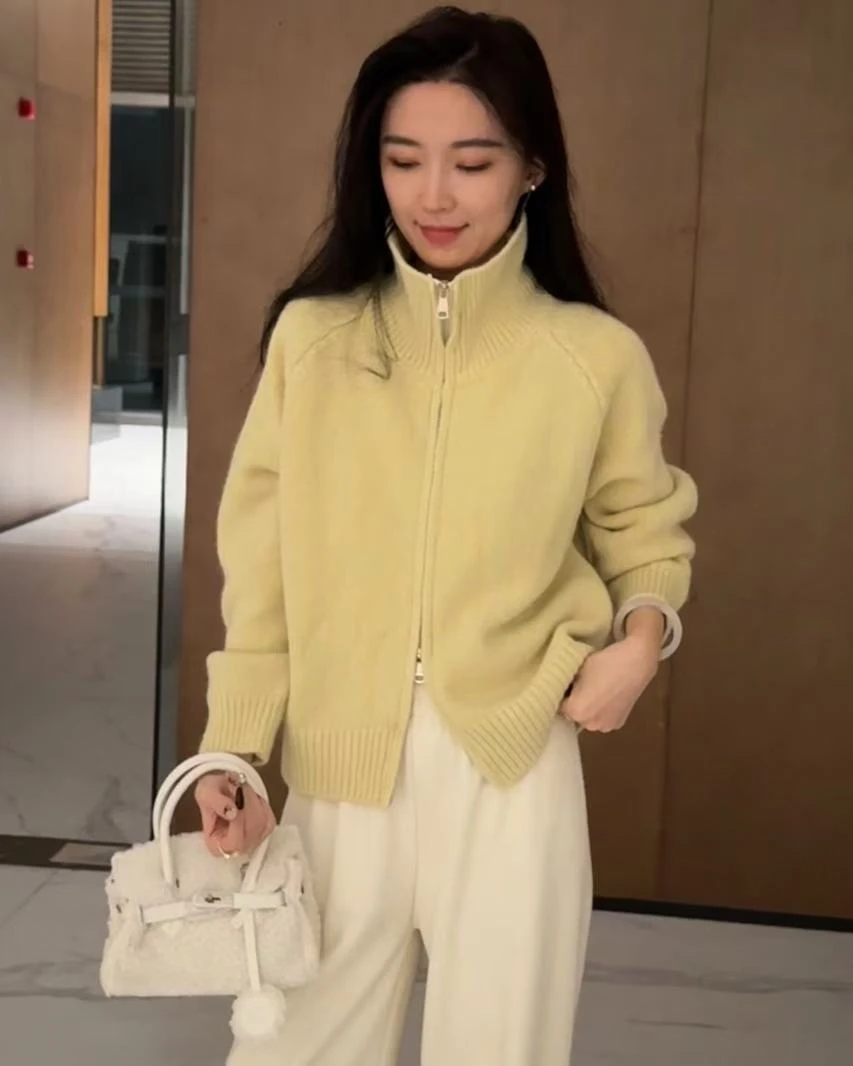 2025慵懒风毛衣外套女秋冬新款韩系简约宽松立领拉链针织开衫上衣