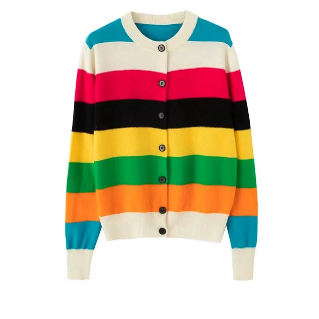 重磅推荐！女士彩拼羊毛针织开衫时尚休闲百搭条纹长袖针织衫