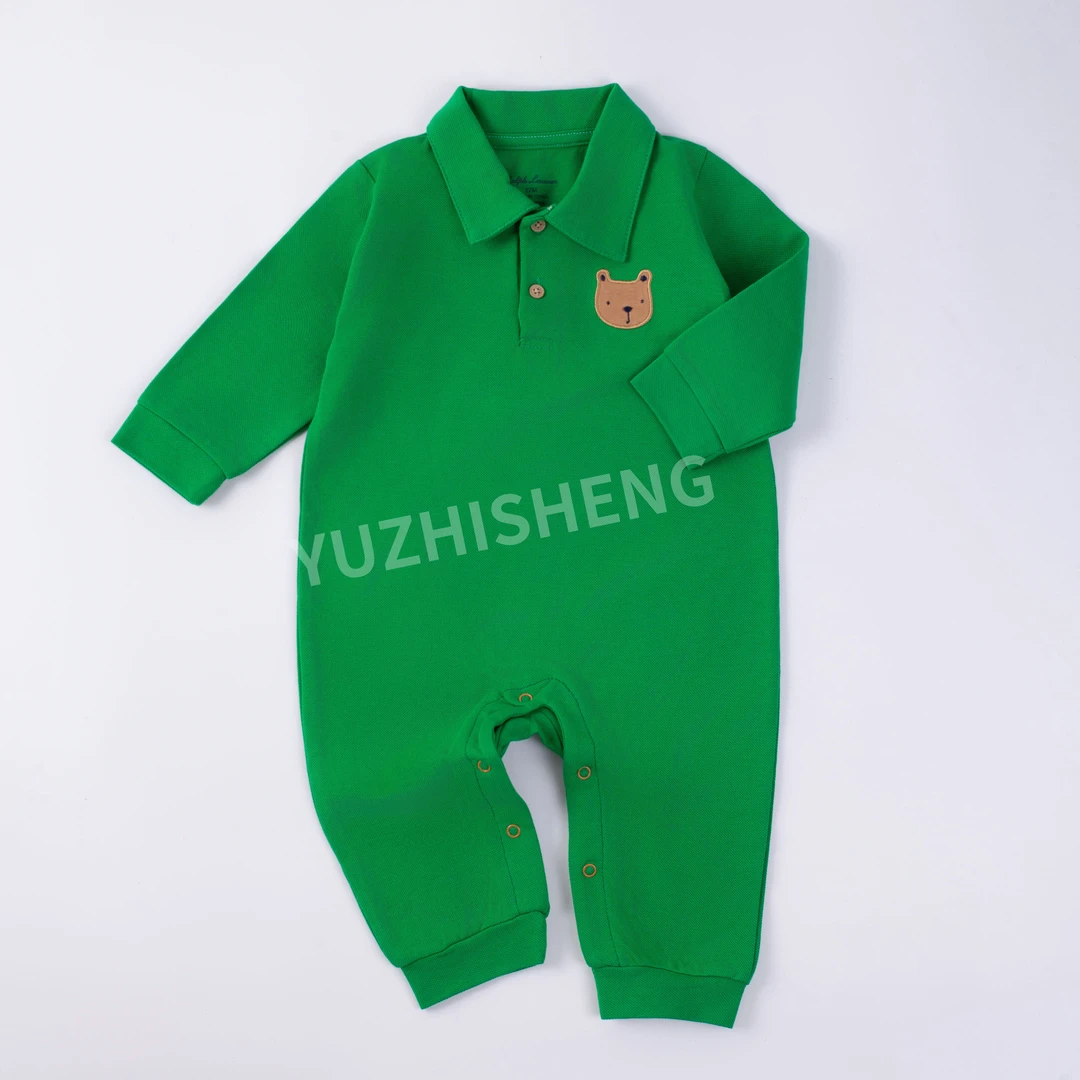 外贸日单糖果色polo长爬连体衣刺绣清新春秋款