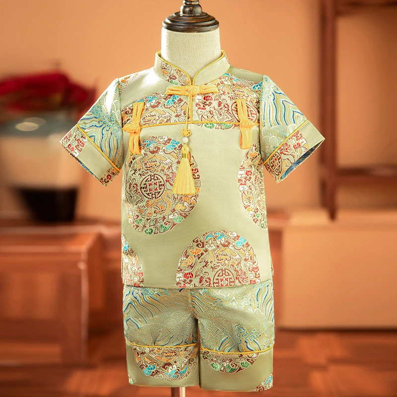 夏款唐装套装抓周礼服男宝宝婴儿汉服中国风周一岁新中式礼服百天