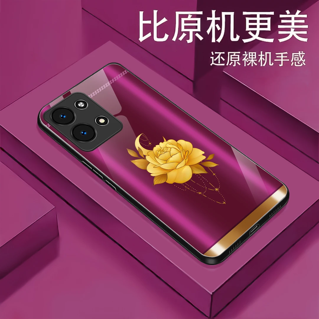 适用【OPPO Reno9】金色牡丹液态玻璃手机壳 轻奢优雅 超薄防摔刮