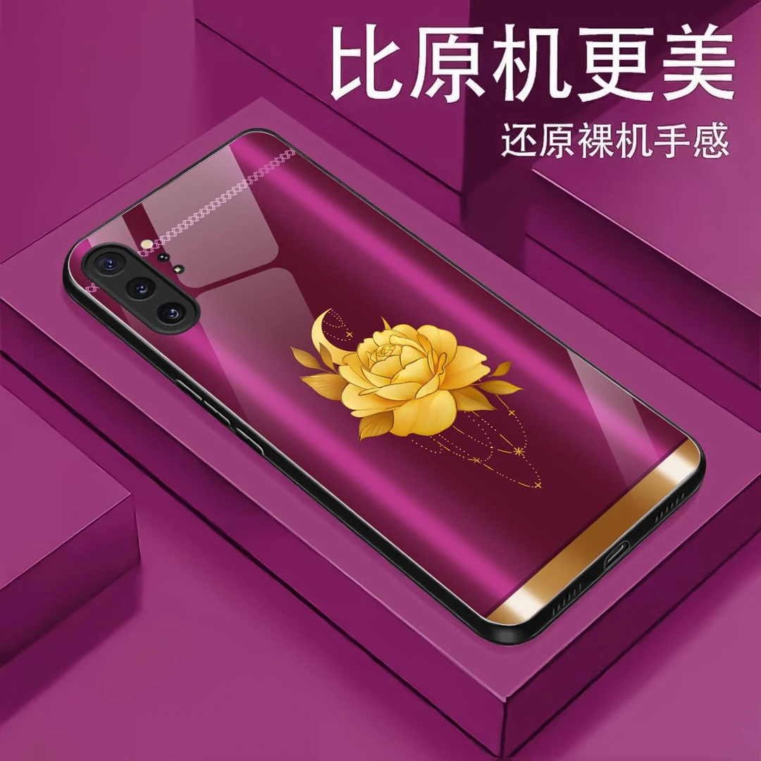 适用【三星note10+ 5G】金色牡丹液态玻璃手机壳 超薄防摔刮 轻奢